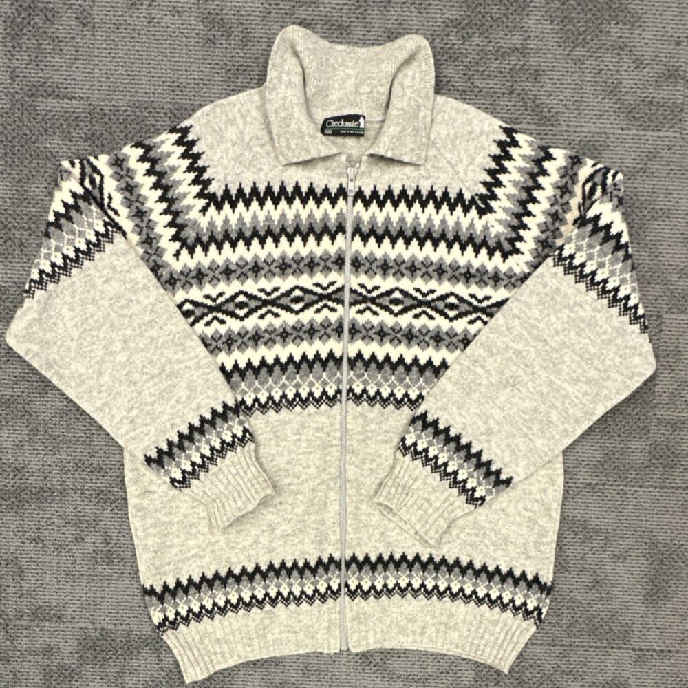 Checkmate Pure New Wool Full Zip Sweater Collared Geometric Gray Black XOS Men